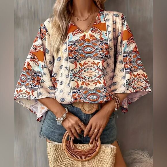 Tops - Women’s Boho Aztec Print Bell 3/4 Sleeve Blouse M